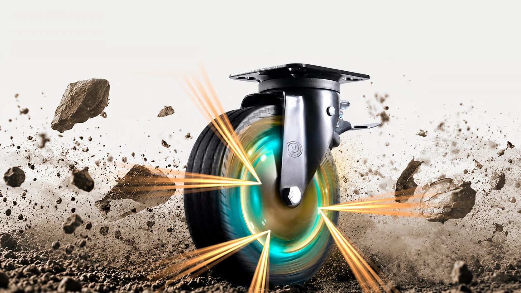 Heavy duty caster wheel with brake rolling over rough ground