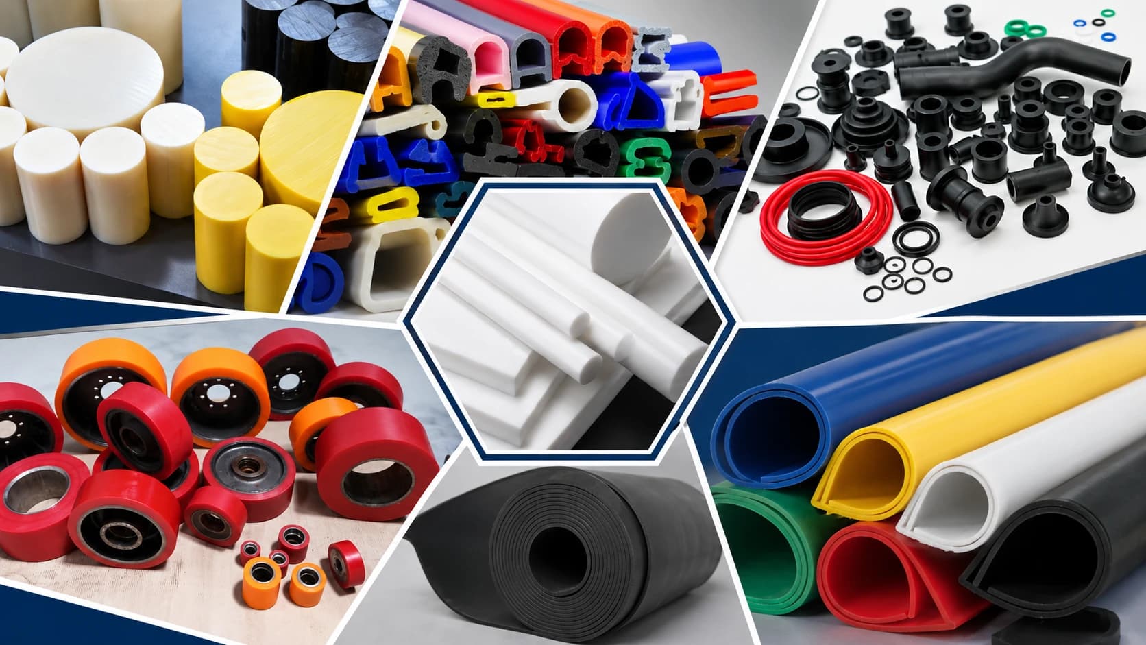 Nylon and PTFE rods, rubber profiles, moulded parts, coated wheels and rubber sheets in rolls